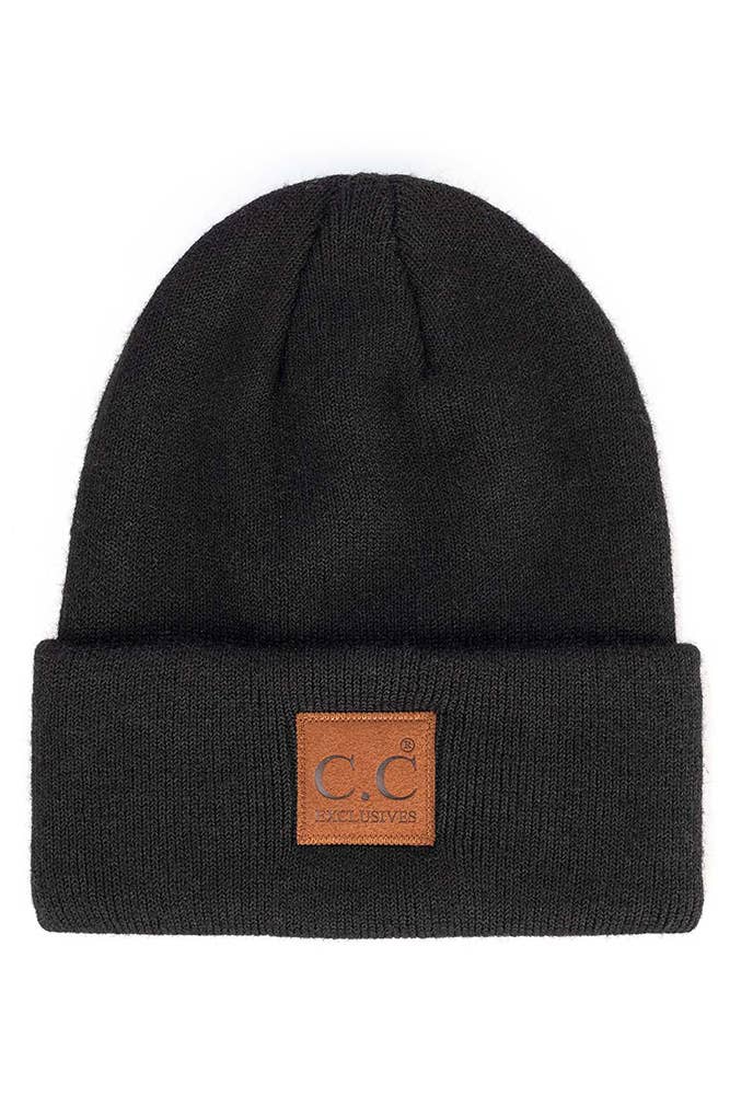 C.C Heather Knit Suede Patch Beanie Winter Hat: Beige
