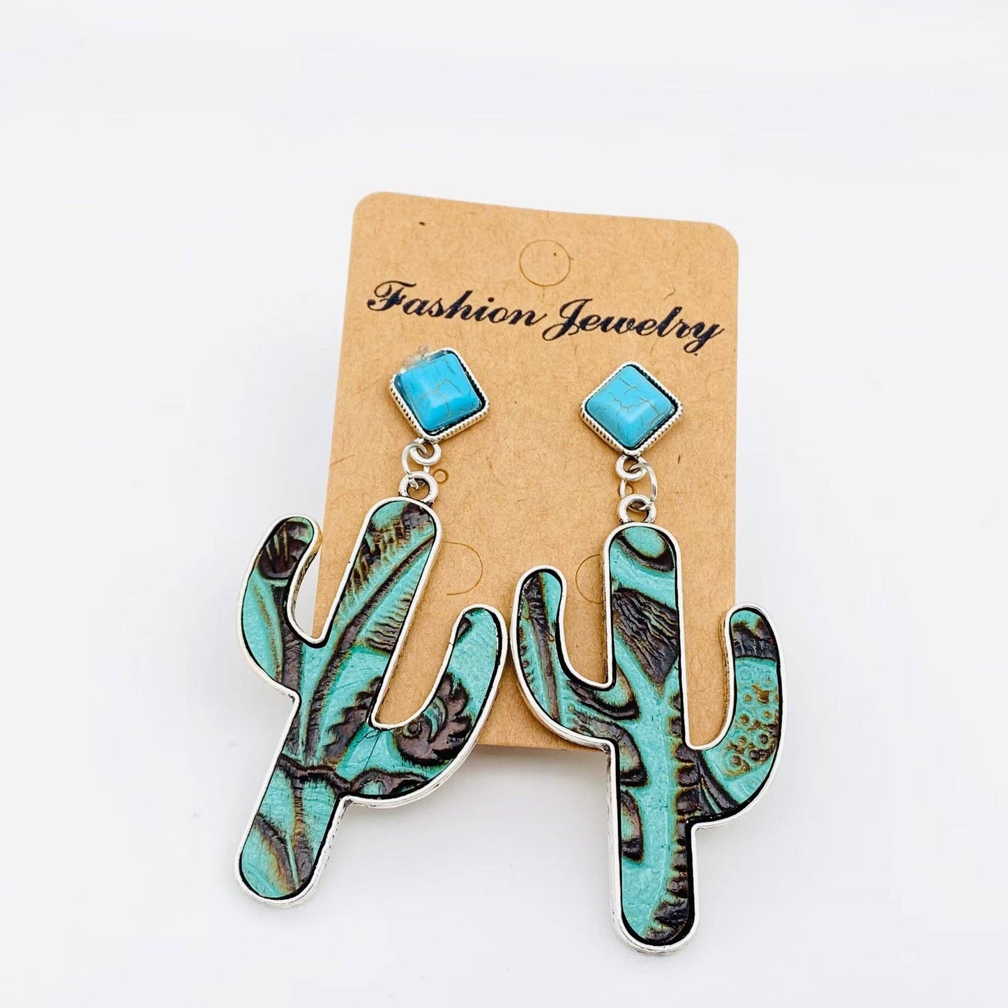 Cactus Embossed Cowhide Turquoise Western Style Earrings -WJ: 1