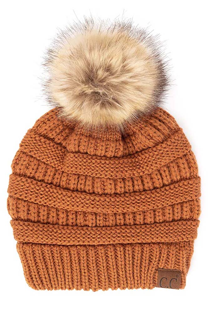 C.C Solid Ribbed Knit Beanie With Pom: Golden Walnut