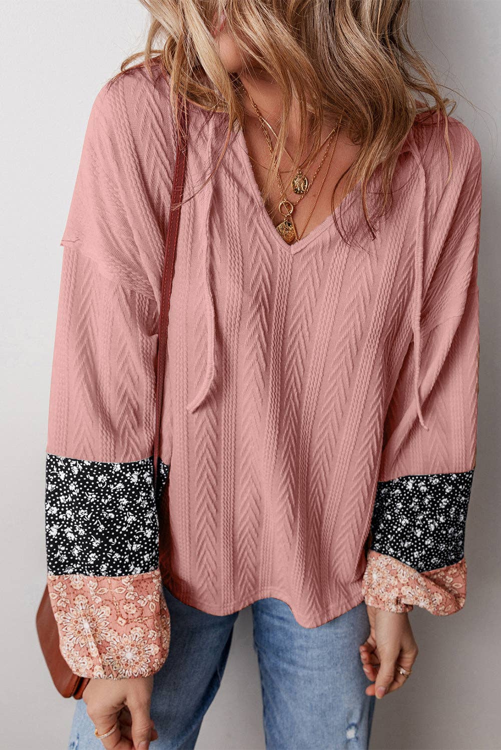 Floral Patchwork Textured Knit Drawstring V Neck Blouse: Dusty Pink / 97%Polyester+3%Elastane / L