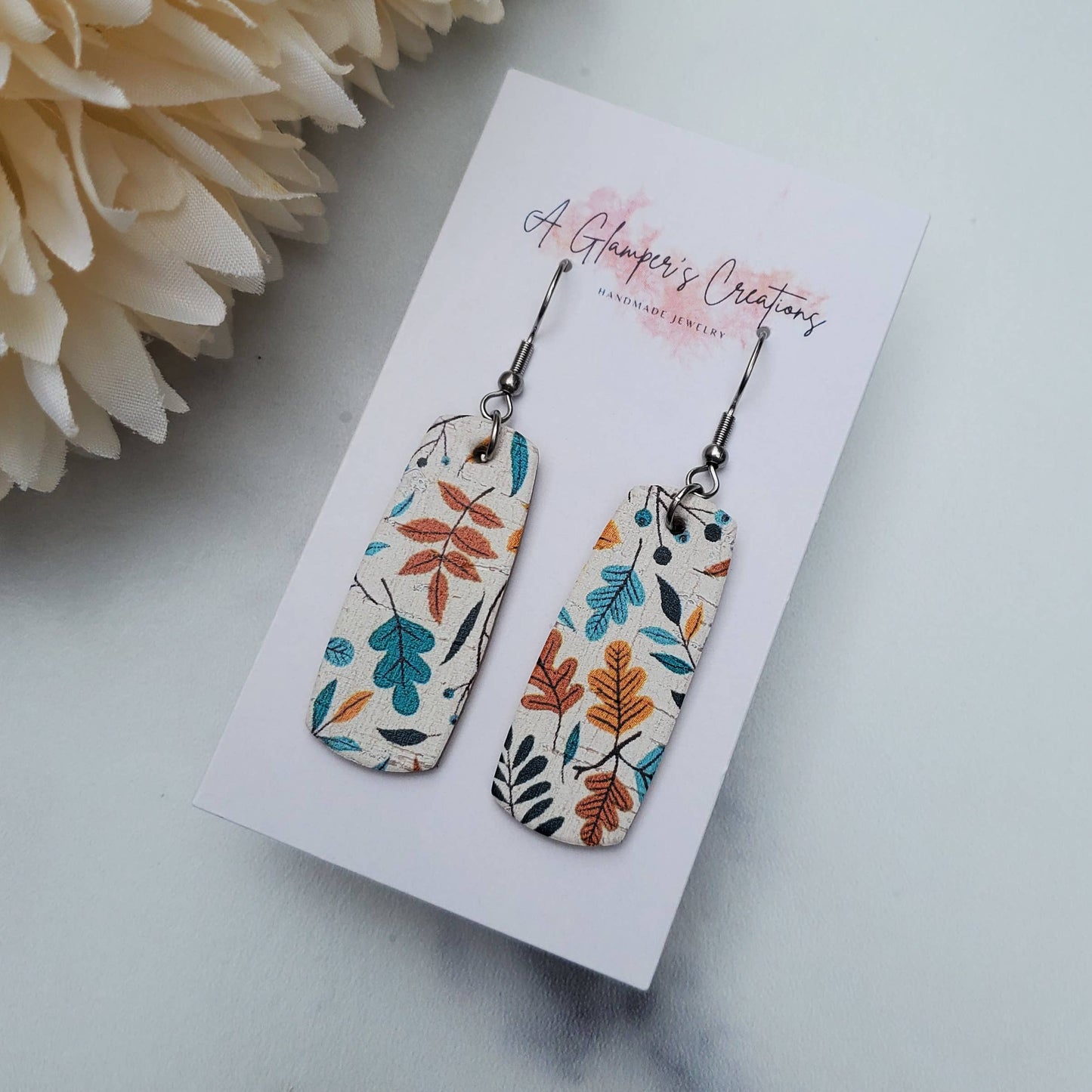 Fall Floral on White Mini Bar Leather Earrings