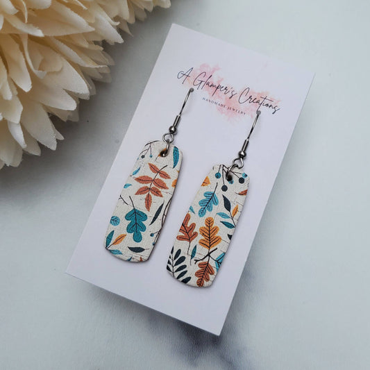 Fall Floral on White Mini Bar Leather Earrings