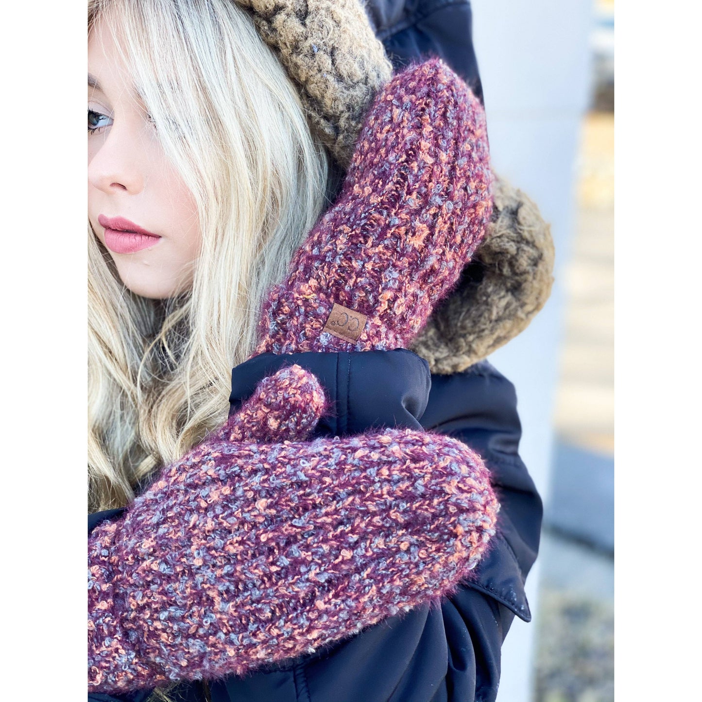 Soft Boucle Knit CC Cuff Women's Mittens: Plum