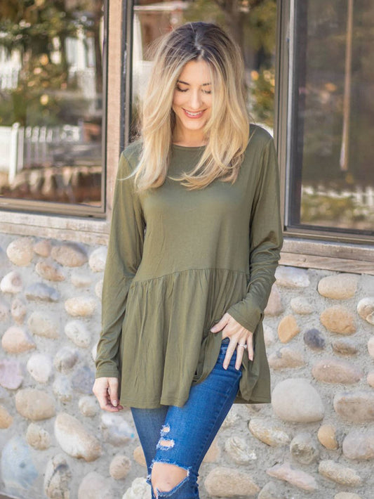 Long Sleeve Peplum Evelyn Top: Olive Green / 1X