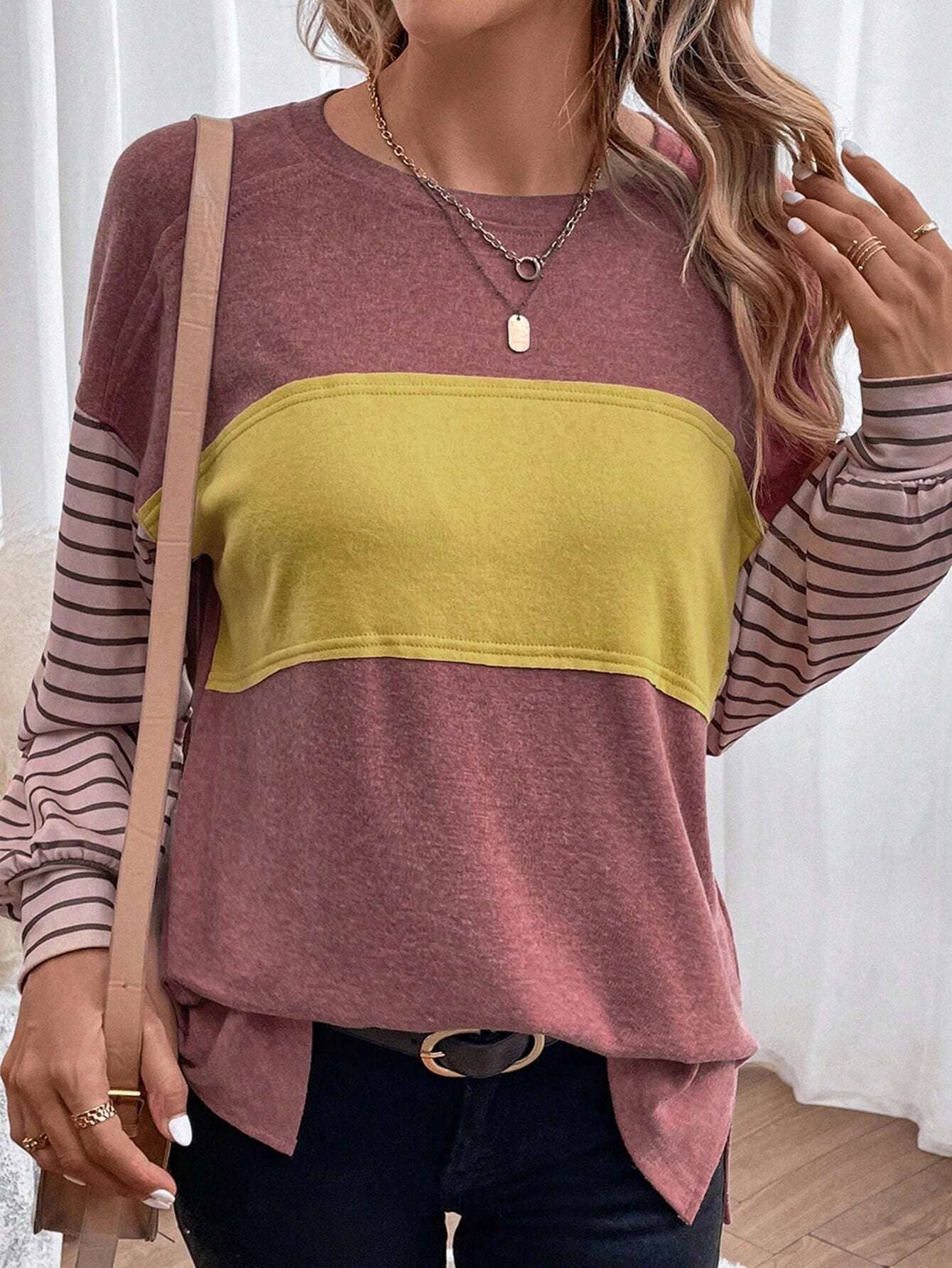 Colorblocked fall sloucy striped long-sleeved sweatshirts: Green / L