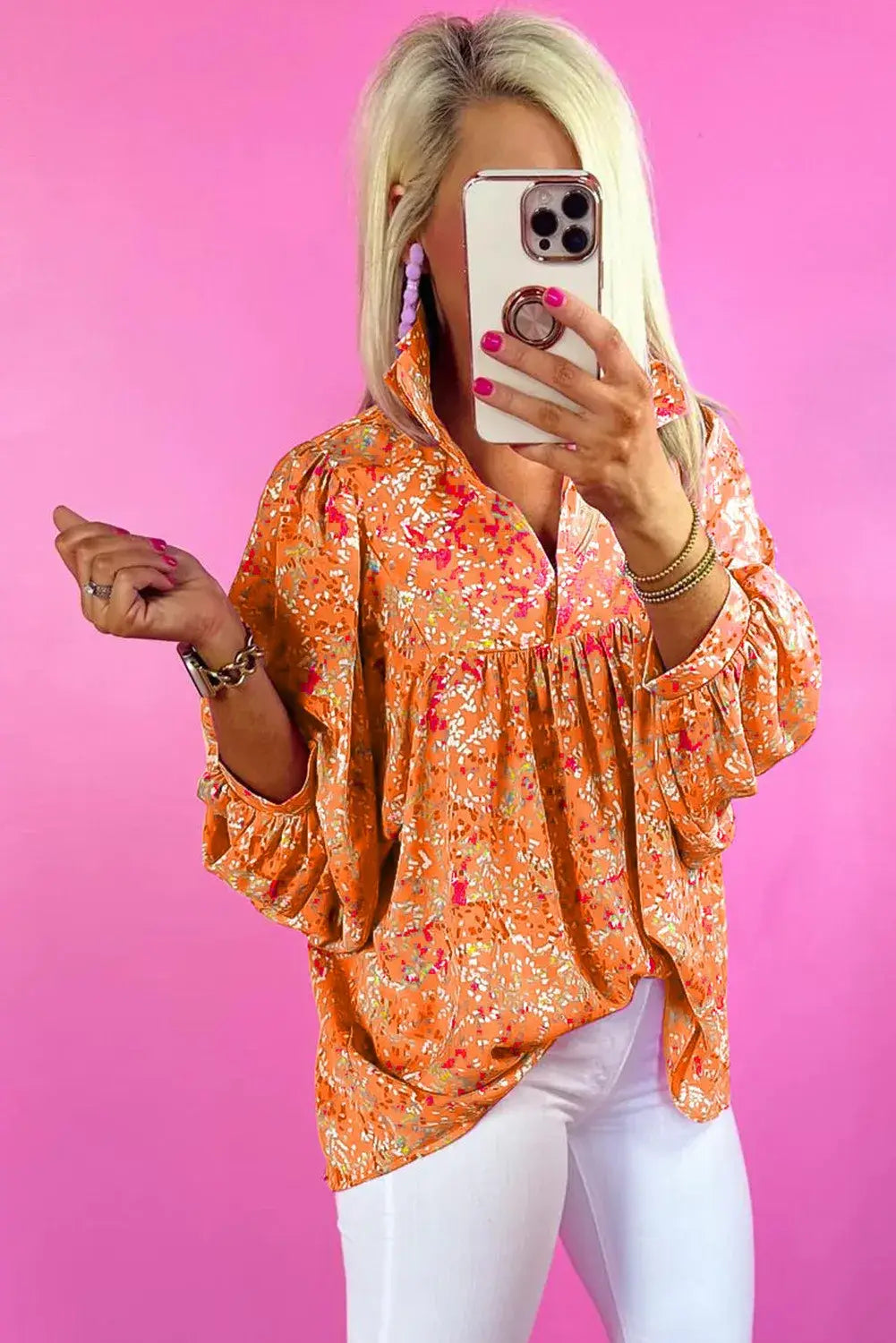 Abstract Print Collared V Neck Babydoll Blouse: Bonbon / 100%Polyester / L