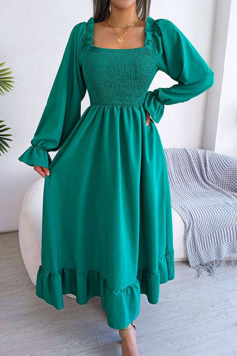 SQUARE NECK LARGE SWING FLOUNCES LONG DRESS_CWDMD1165: GREEN / (XL) 1