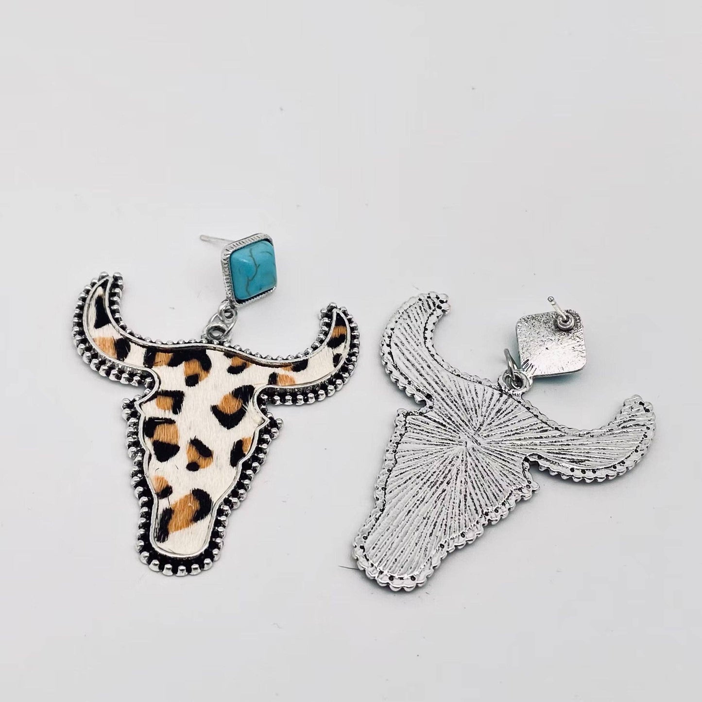 Western Style Cowhide Cowhead Shape Stud Earrings - WJ: 1