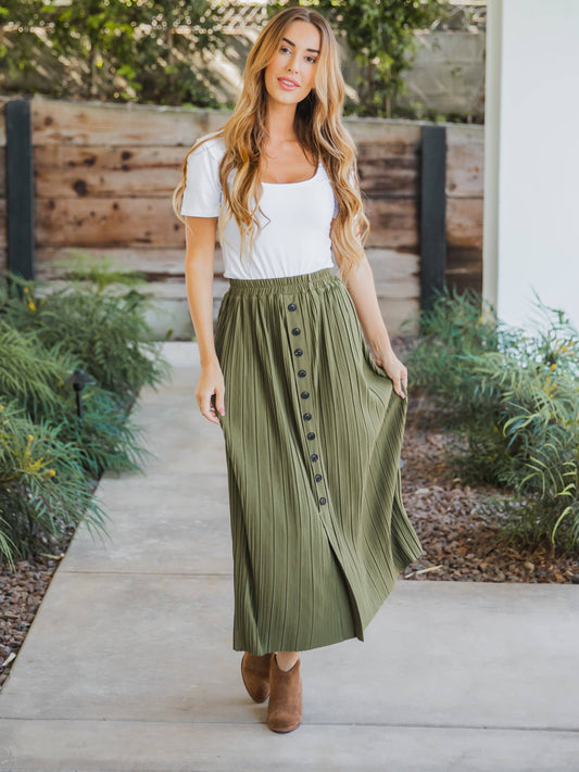 The Reed Pleated Midi Skirt: Olive Green / Medium
