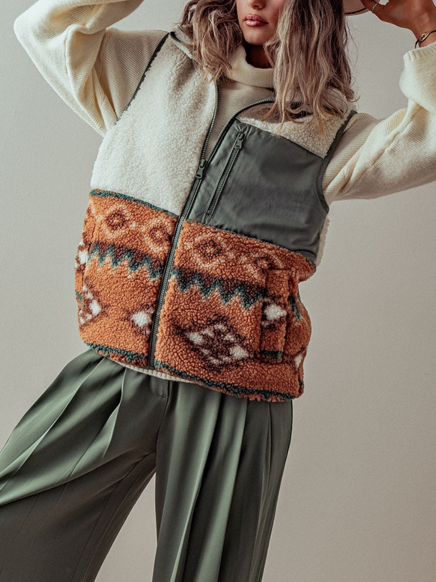 Aztec pattern Western Sherpa Fleece Zip up Vest: Olive / XL