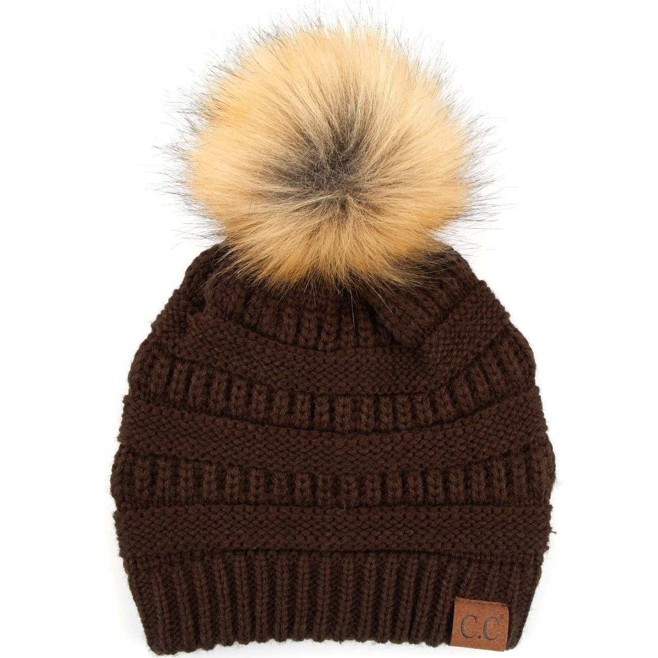 C.C Solid Ribbed Knit Beanie With Pom: Monaco