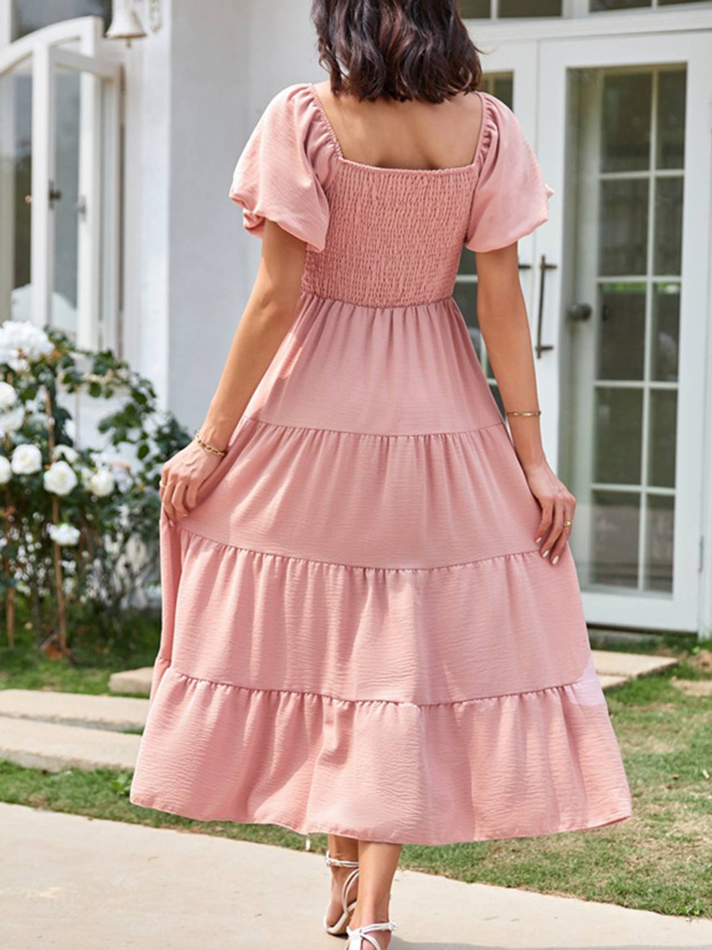 Square Necked Backless Short Sleeved Dress: Pink / XL