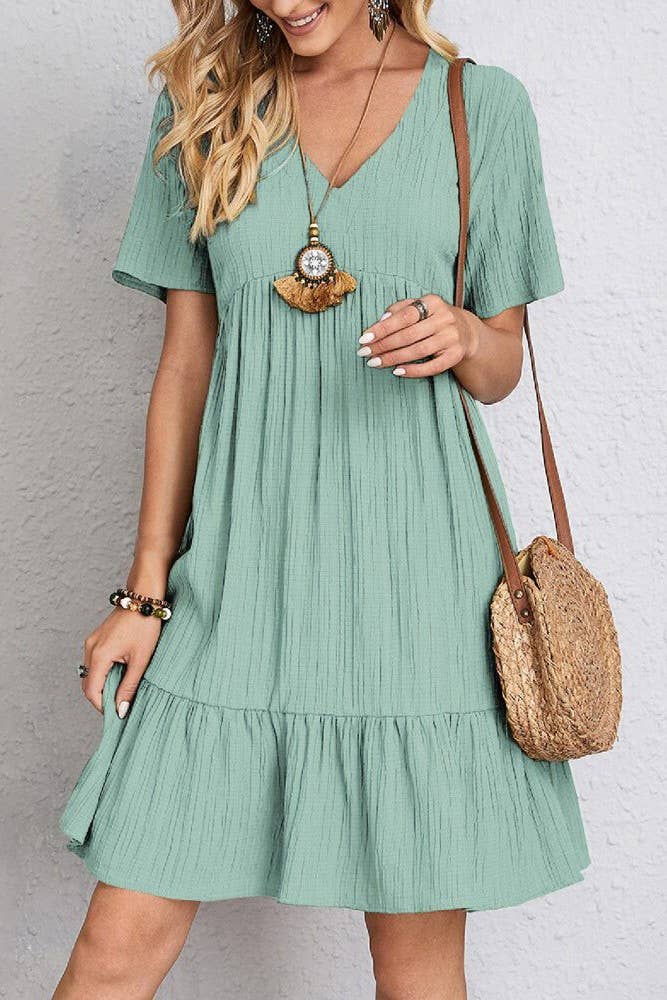 Spring Summer V Neck Short Sleeves Splicing Dress ZK1254: Light Green / XL