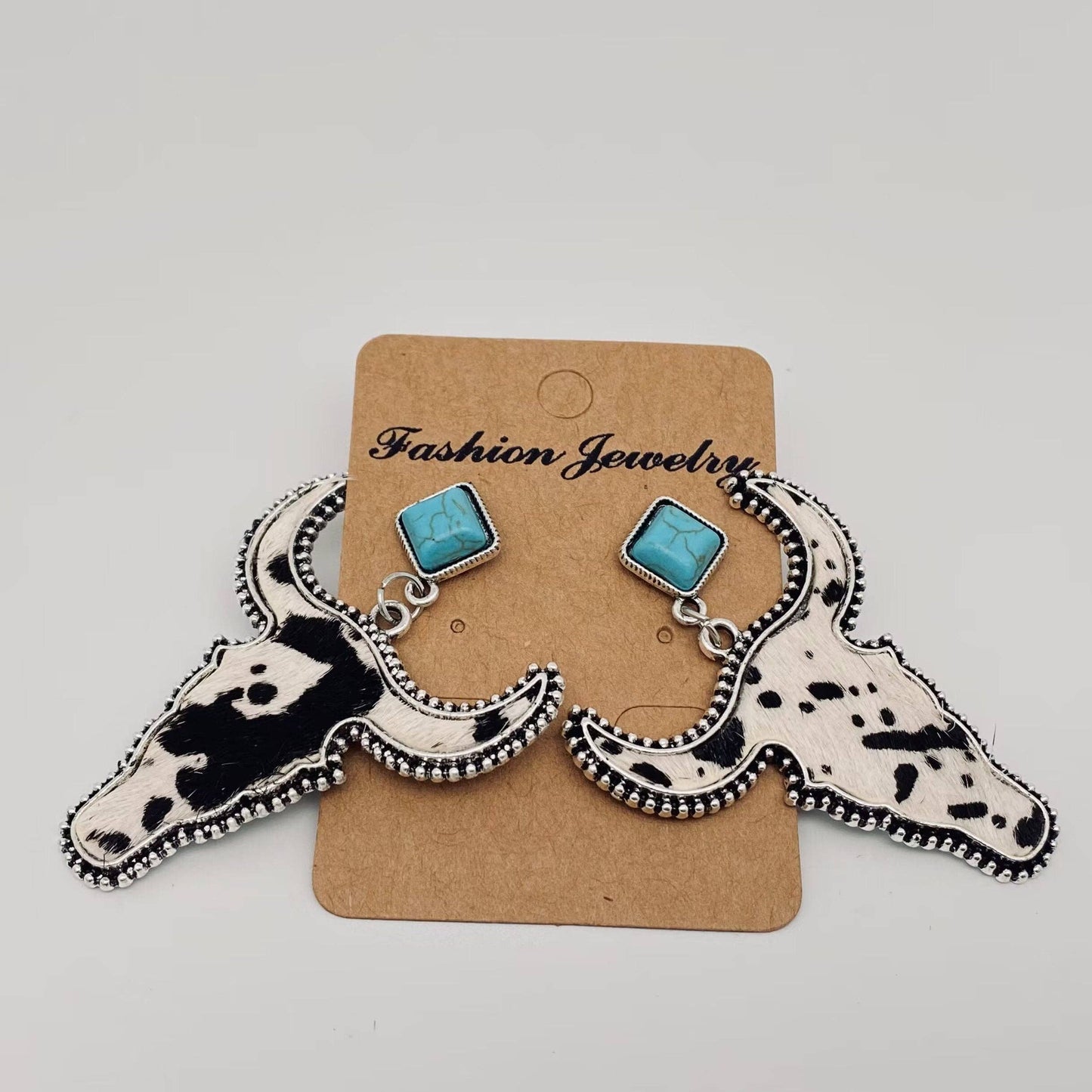 Western Style Cowhide Cowhead Shape Stud Earrings - WJ: 1