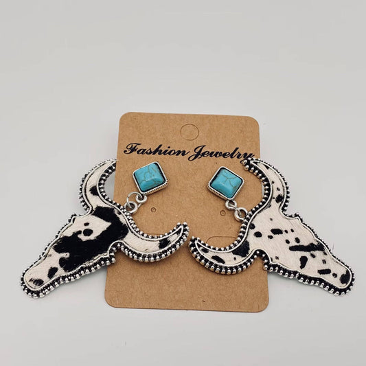 Western Style Cowhide Cowhead Shape Stud Earrings - WJ: 1