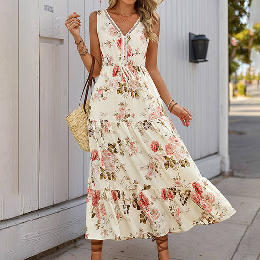 V-neck printed high waist waist long swing dress: WHITE1 / (L) 1