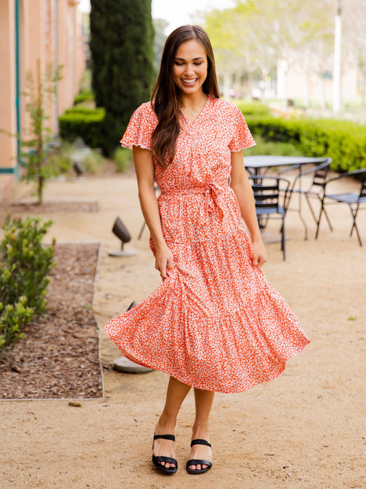 Tiered Tie Waist Stevie Dress: Floral Red Orange / X-Large