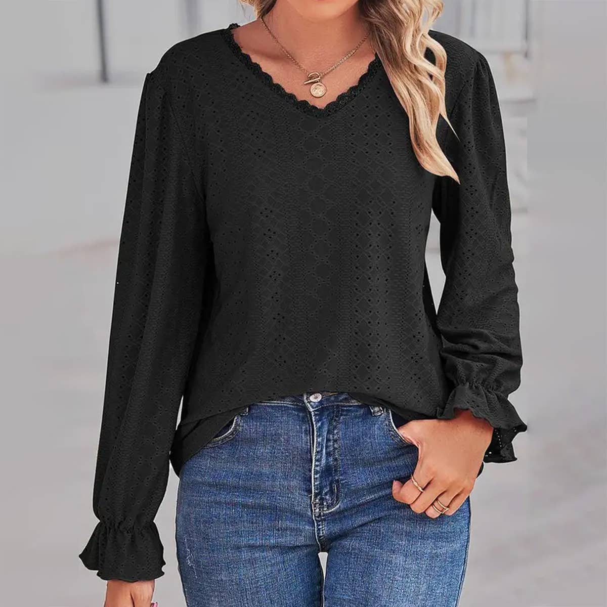 WOMEN LACE TRIM NECK EYELET LONG SLEEVE SHIRT TOP_CWTSTL0301: MAUVE / (XL) 1