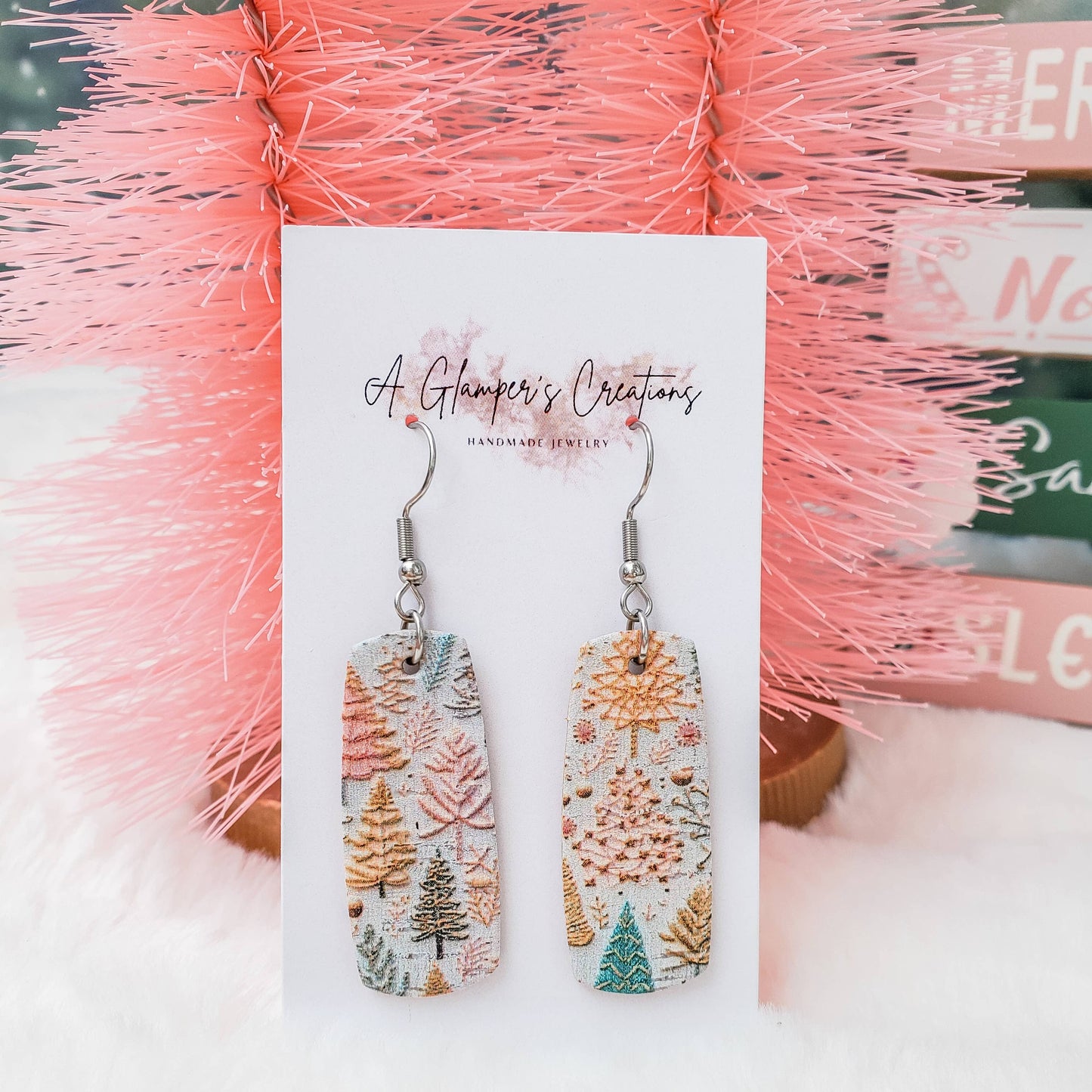 Pink and Peach Christmas Trees Mini Bar Leather Earrings