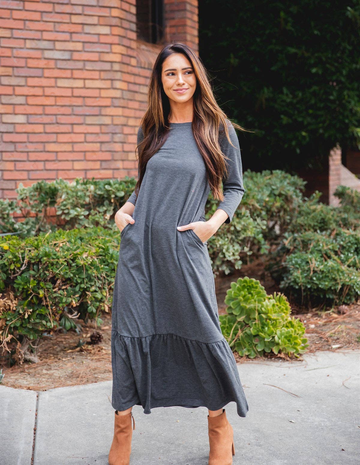 3/4 Sleeve Maxi Sander Dress: Green / Large