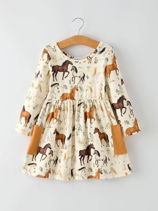 Western Horse Print Long Sleeve Dress: 5