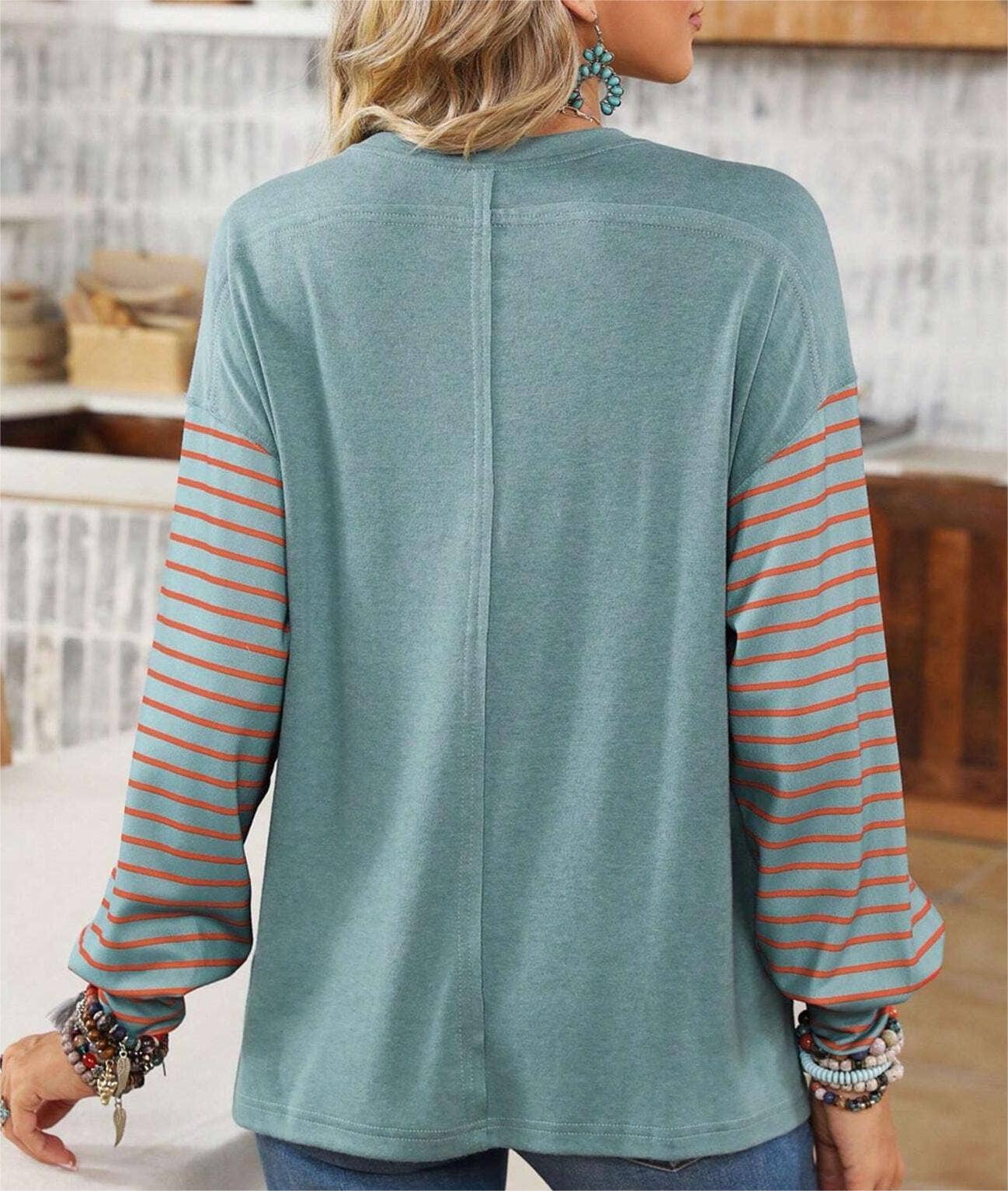Colorblocked fall sloucy striped long-sleeved sweatshirts: Green / L