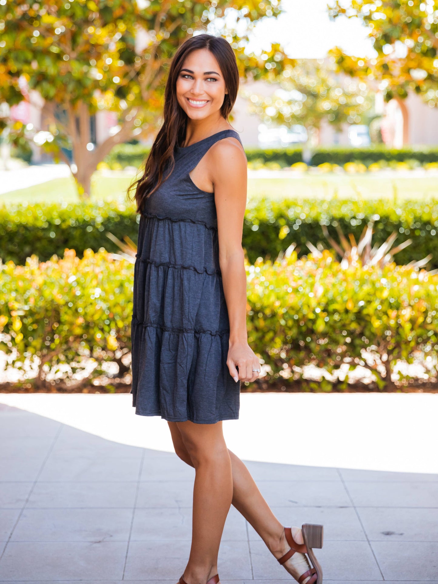 Peplum Tiered Ruffle Swing Dress: Charcoal Gray / Large