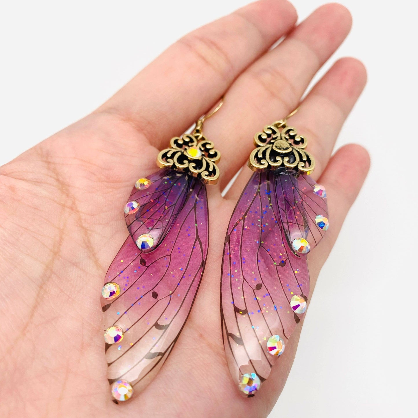 Handmade Fairy Wings Earrings Insect Butterfly Wing: Silver Green Pink