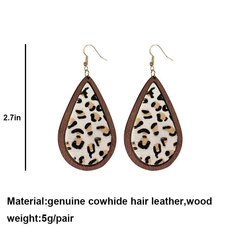 Leopard-print Horsehair Cowhide Wooden Drop Earrings - WJ: 2