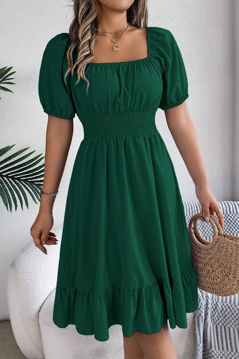 CWDSD4632_SQUARE NECK SHORT SLEEVE WAIST PEPLUM DRESS: KHAKI / (S) 1