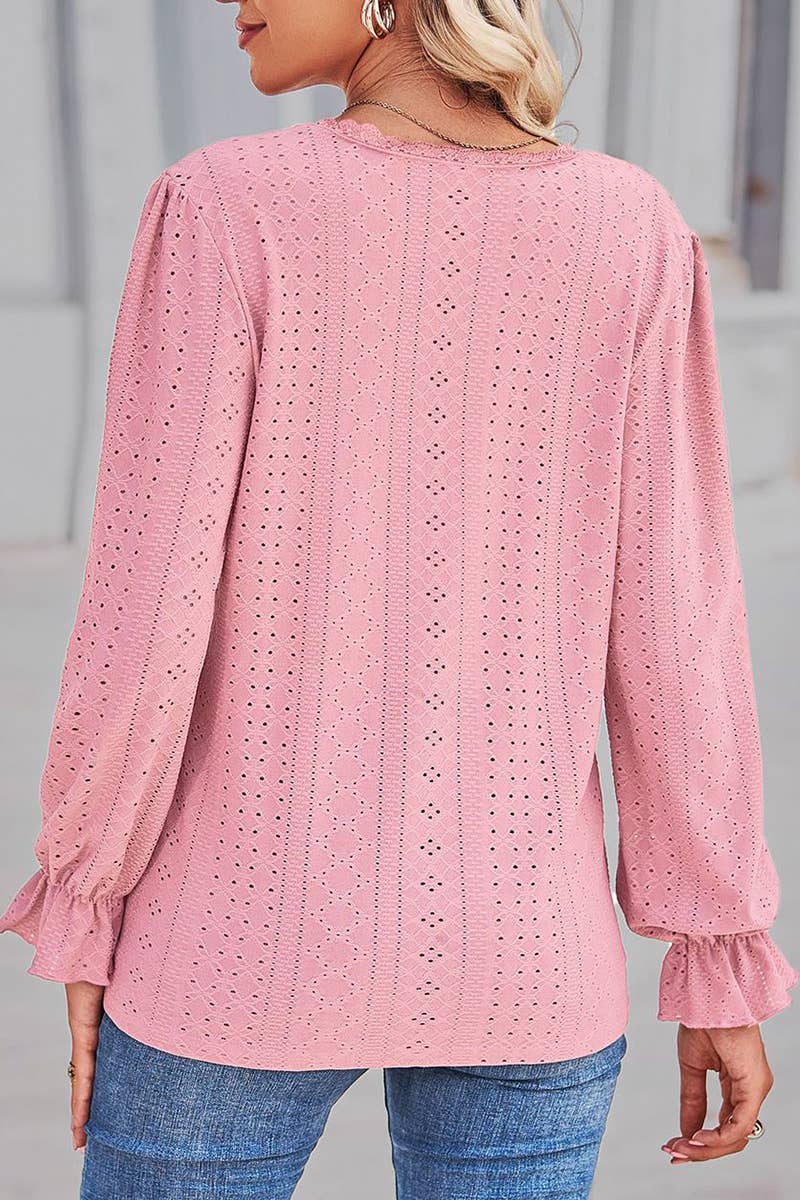 WOMEN LACE TRIM NECK EYELET LONG SLEEVE SHIRT TOP_CWTSTL0301: MAUVE / (L) 1