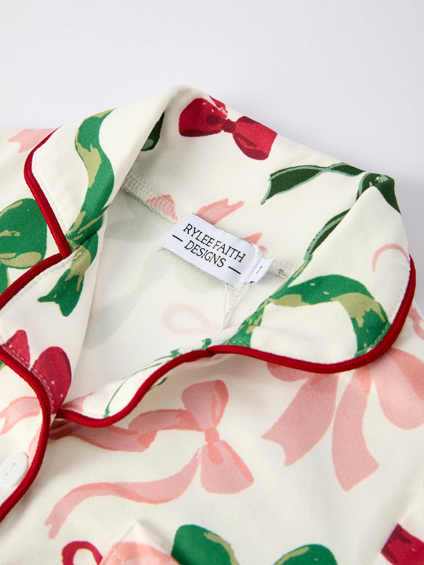 Holiday Bow Print Christmas Pajama Set – Girls Cozy Red Trim Sleepwear: 5