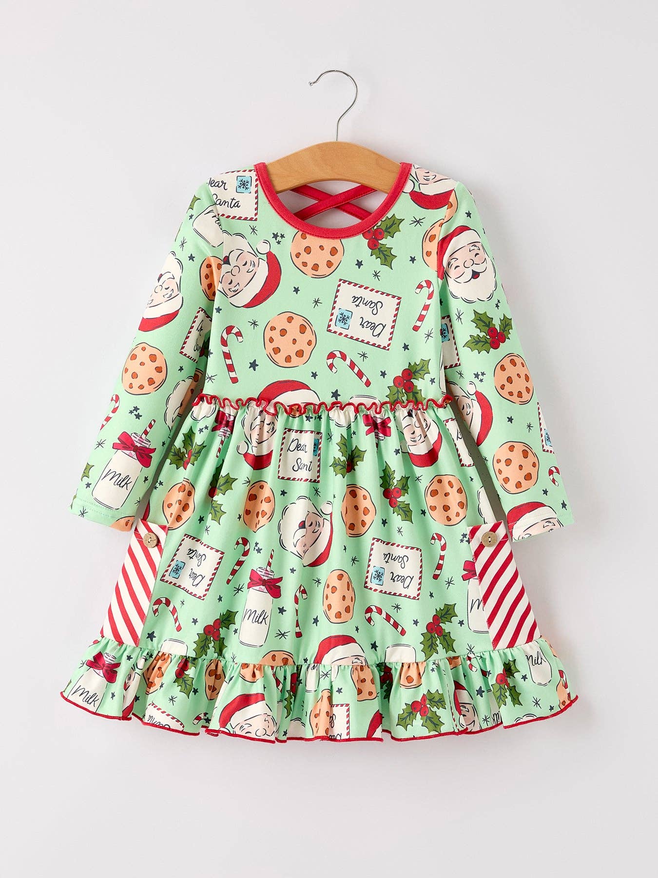 Winter Christmas Green Santa Girls Pocket Ruffle Dress: 3