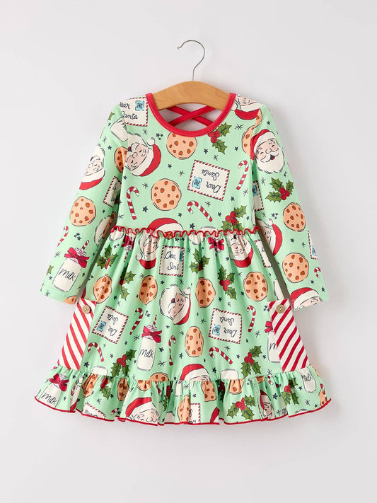 Winter Christmas Green Santa Girls Pocket Ruffle Dress: 3