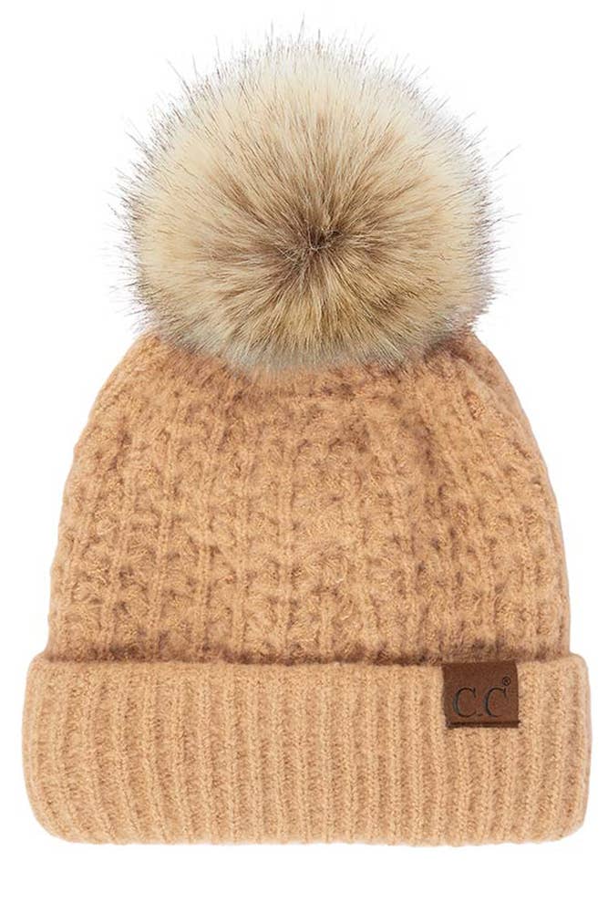 C.C Smocking Stitch Pattern Cuff Beanie with Pom Winter Hat: Beige