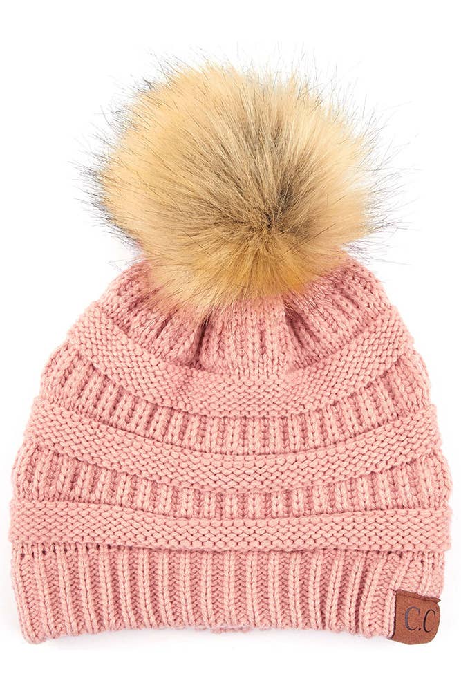 C.C Solid Ribbed Knit Beanie With Pom: Dark Melange Gray
