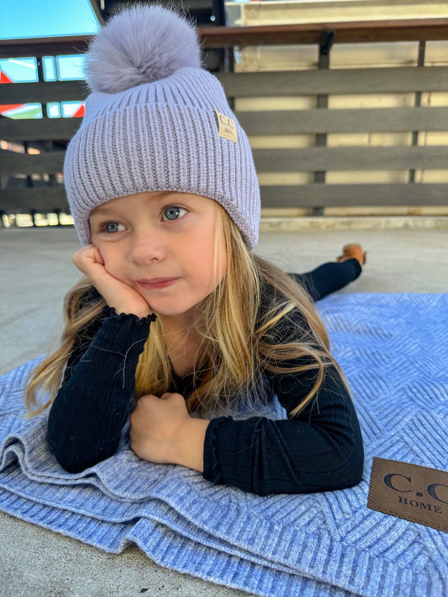 KIDS C.C Double Pom Beanie with Ear Flaps: Lavender