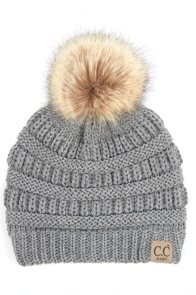 C.C Solid Ribbed Infant Natural Fur Pom Beanie: New Lavender