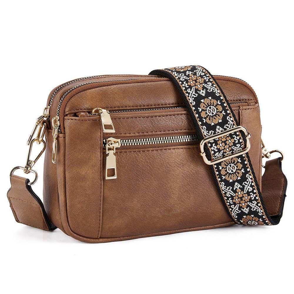 Multi Functional Zipper Crossbody Bag: Medium / Brown