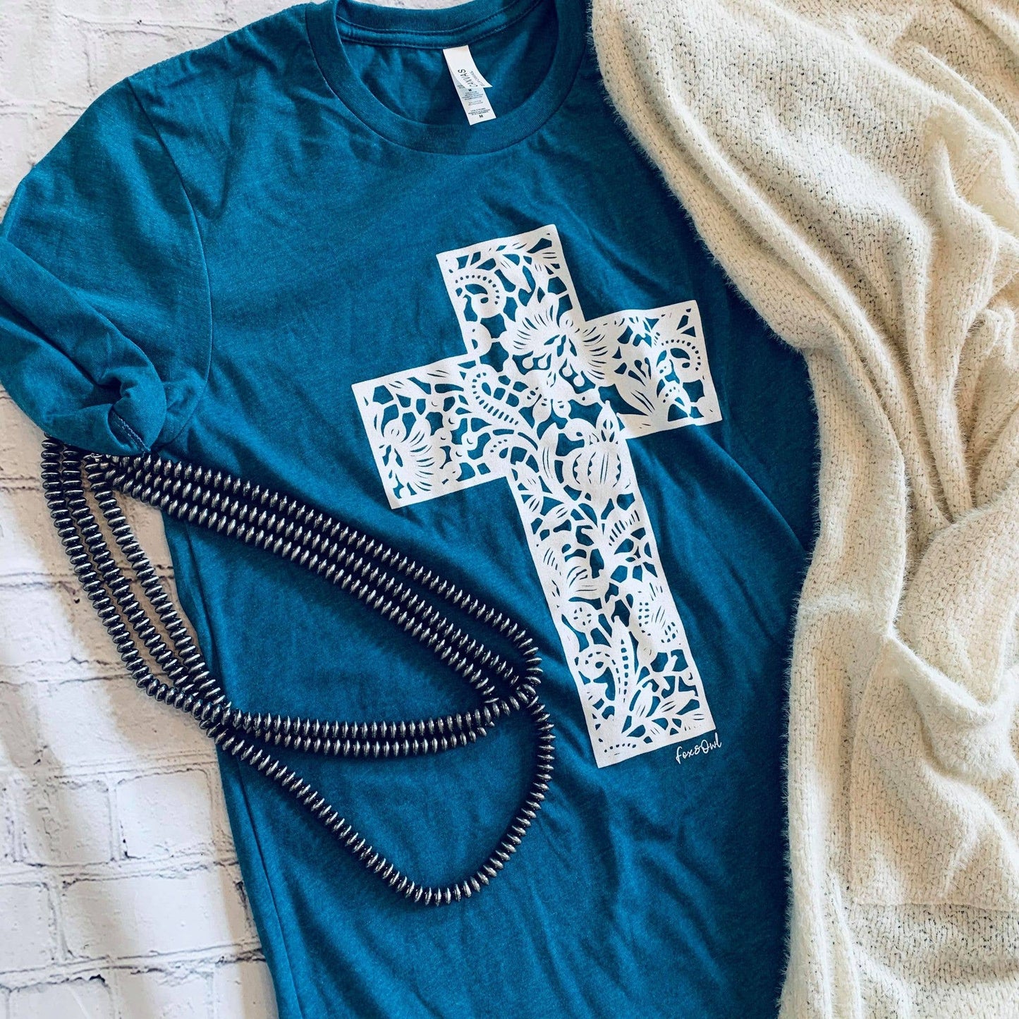 Christian Lace Cross Teal Faith Graphic Tee Free Shipping: S