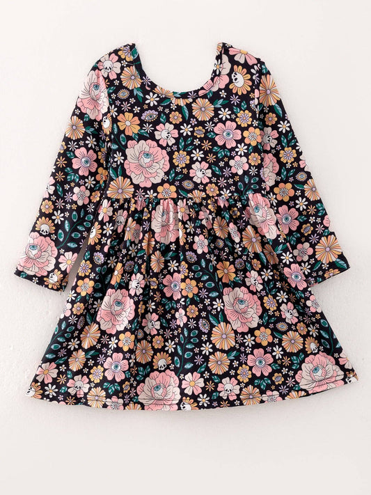 Girls Autumn Milk Silk Floral Print Dress: 12
