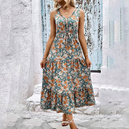 V-neck print loose high waist vest style long dress: BLUE / (S) 1