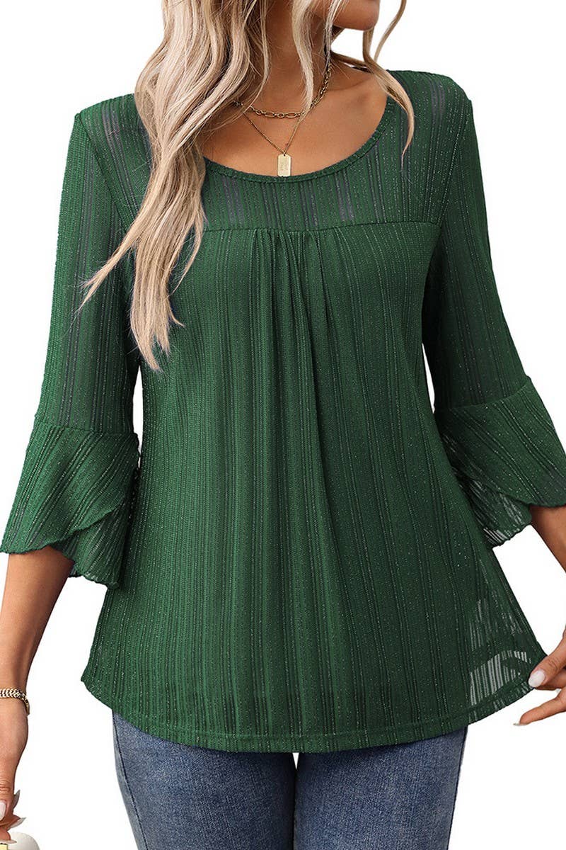 CWTBLL3696_ROUND NECK RUFFLE SLEEVE GLITTER MESH TOP: NAVY / (S) 1