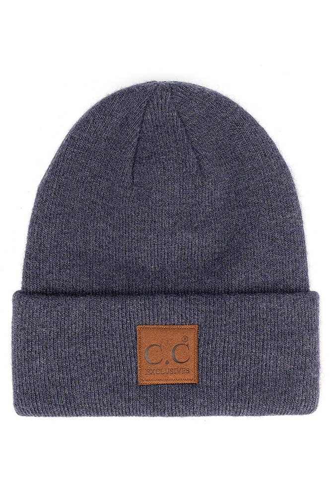 C.C Heather Knit Suede Patch Beanie Winter Hat: Beige