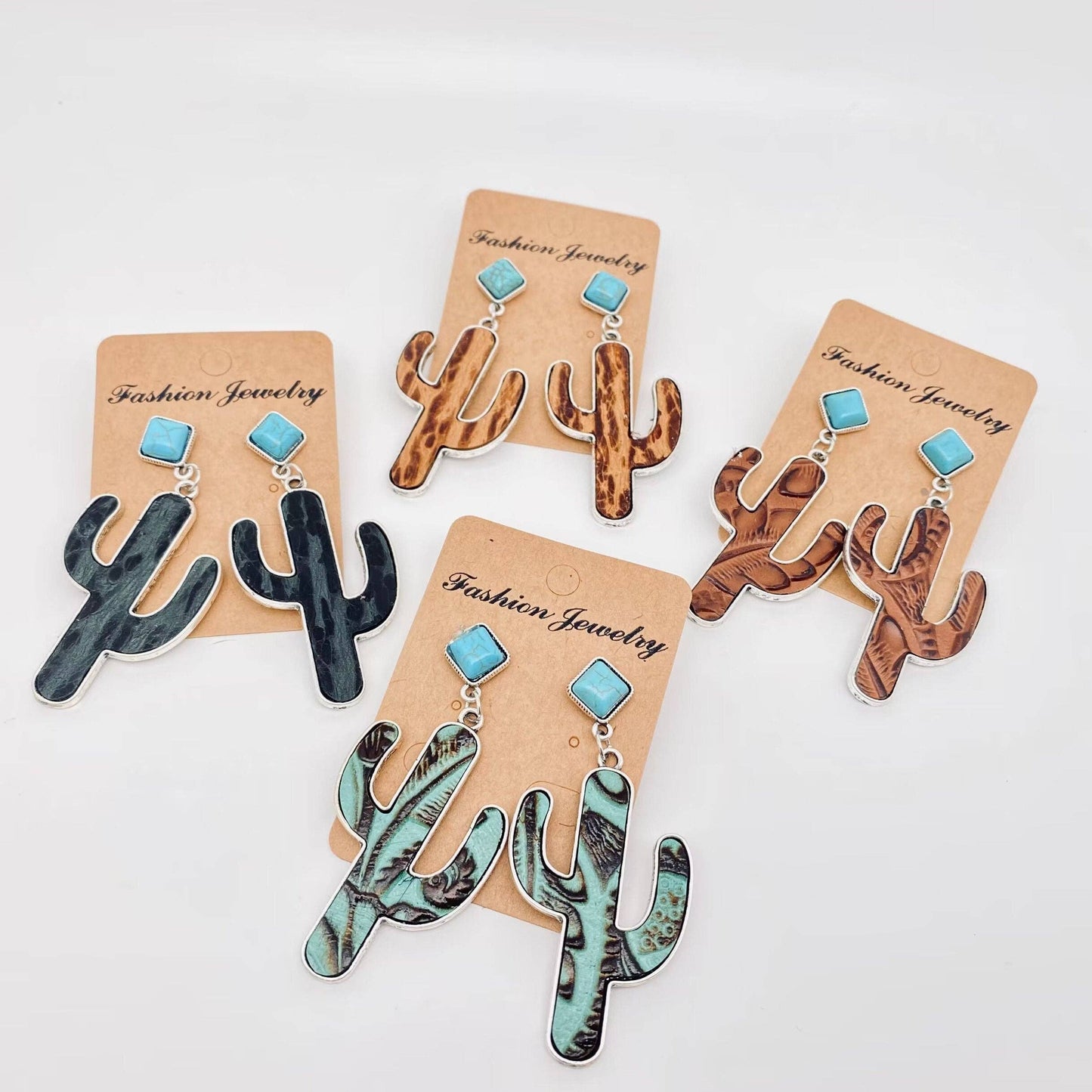 Cactus Embossed Cowhide Turquoise Western Style Earrings -WJ: 1