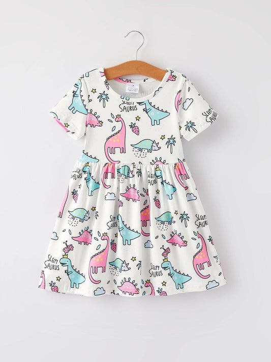 Dinosaur Short Sleeve Girls Dress: 8
