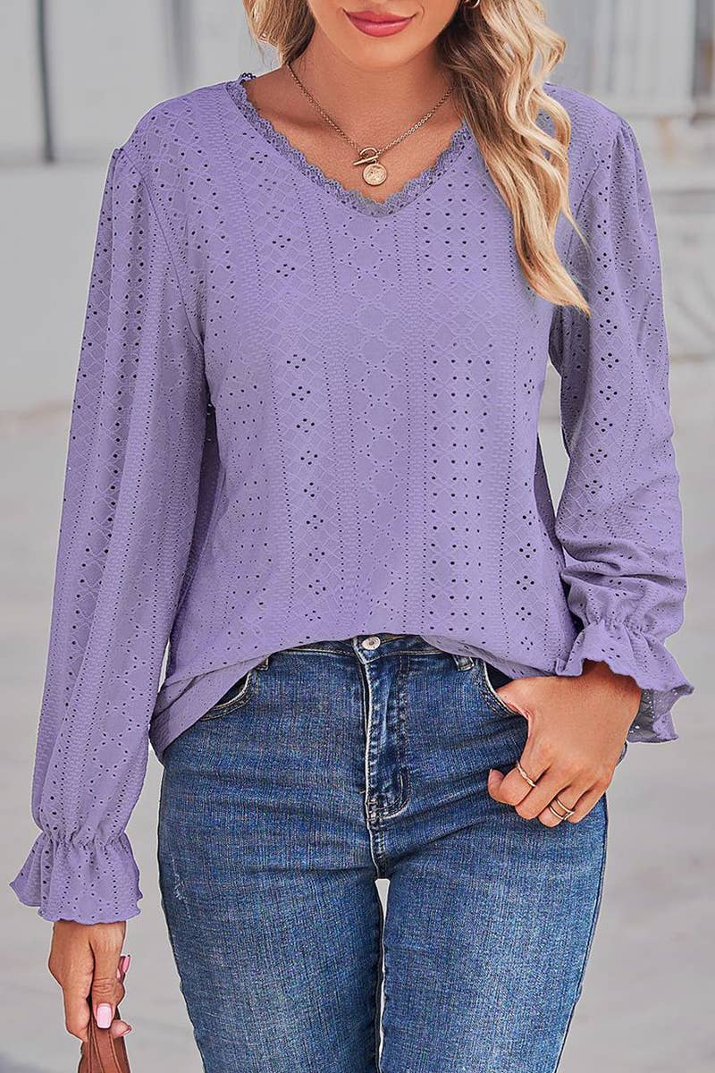 WOMEN LACE TRIM NECK EYELET LONG SLEEVE SHIRT TOP_CWTSTL0301: MAUVE / (XL) 1