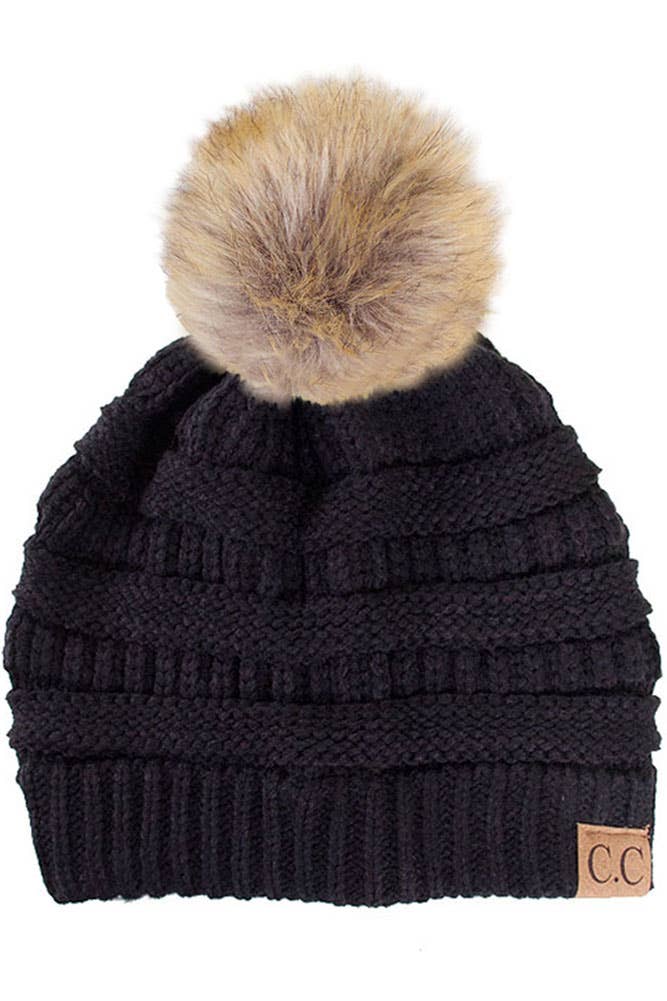 C.C Solid Ribbed Knit Beanie With Pom: Dark Purple