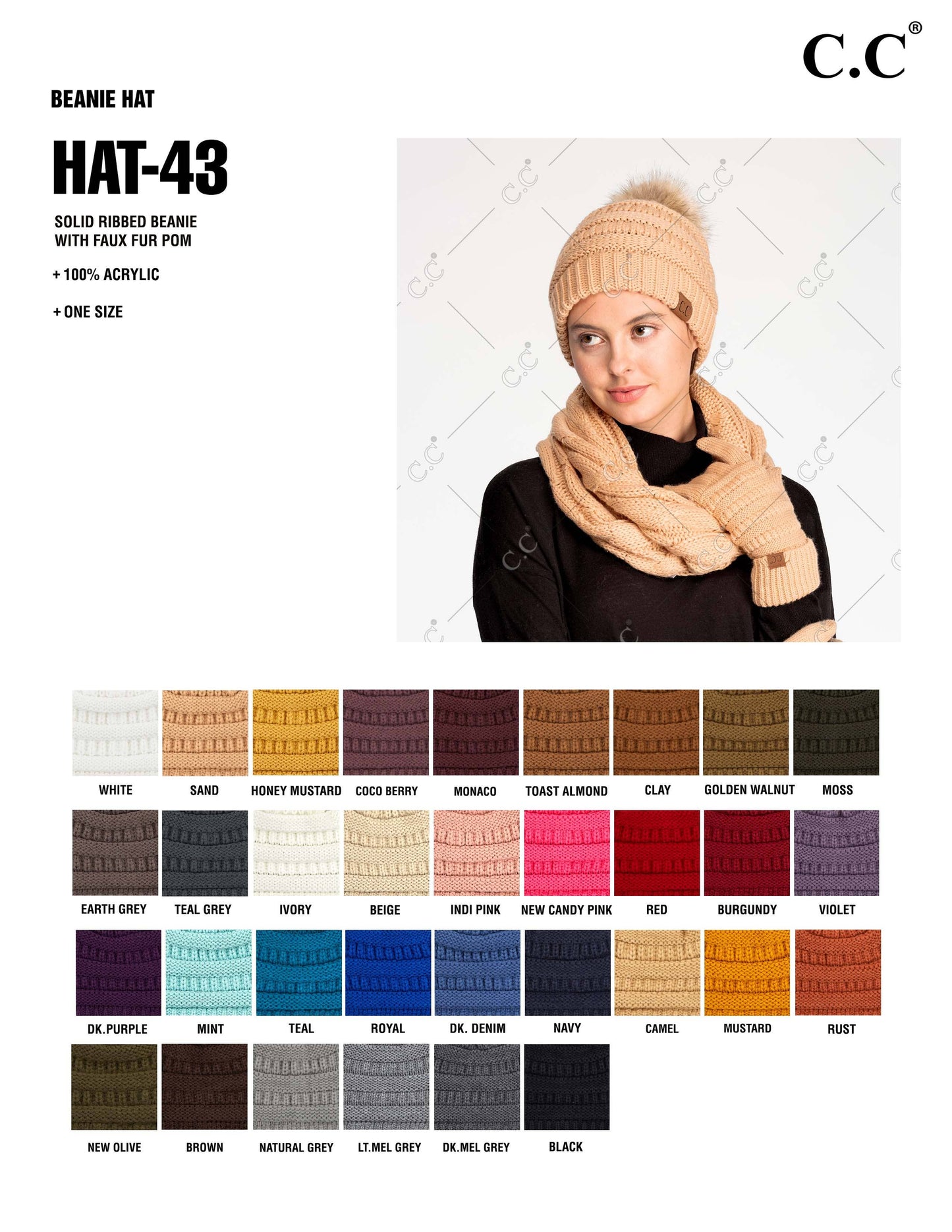 C.C Solid Ribbed Knit Beanie With Pom: Monaco
