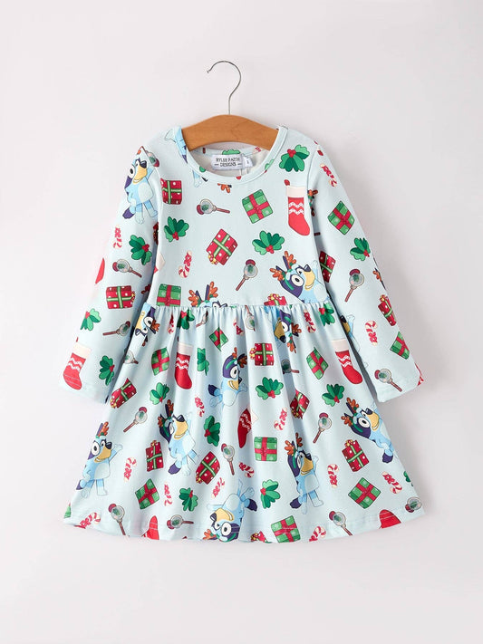 Christmas Characters and Gift Print Girls Dress: 4